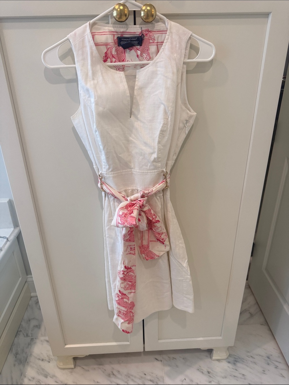 Vineyard Vines White Sleeveless Dress with Pink Scarf Belt